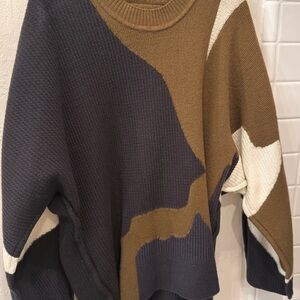 Issey Miyake Abstract Colorblock Crewneck Sweater in Brown, Navy & Cream